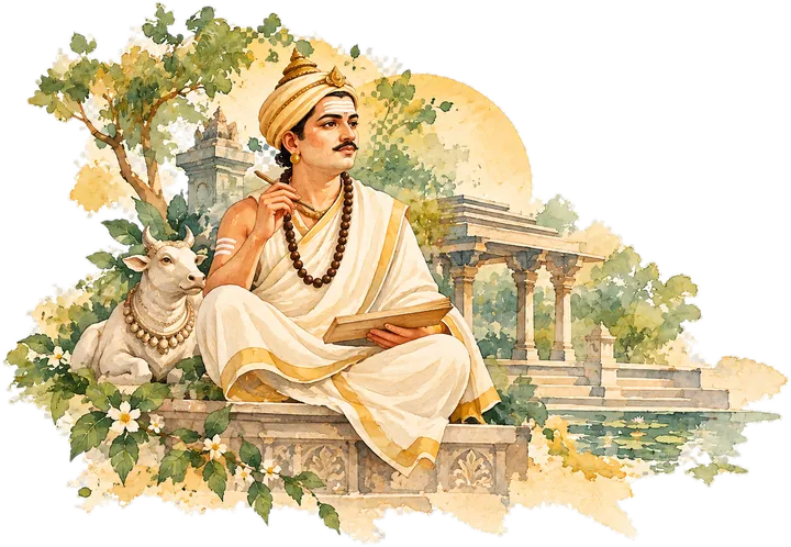 Watercolour of Basavanna seated on a temple step with a palm-leaf book, Nandi beside him