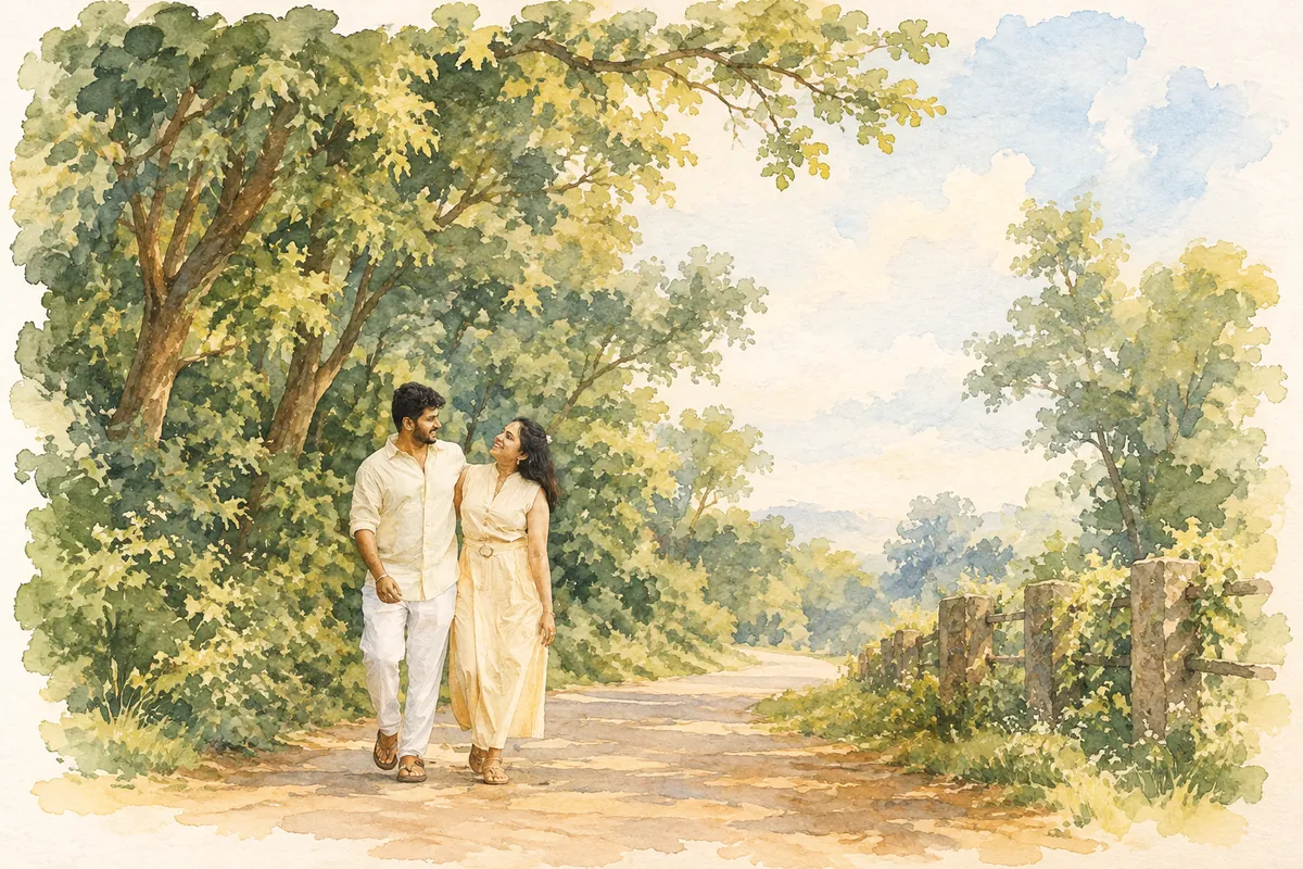 Watercolour of Sphurti and Sandesh walking together down a tree-lined path