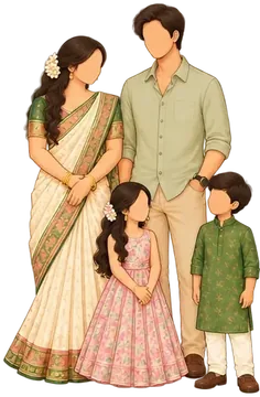Family in a cream saree and sage shirt, kids in pastels