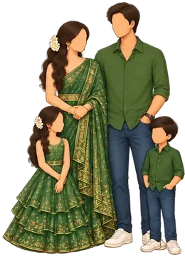 Family in green: green lehenga-saree, green shirt, kids in green