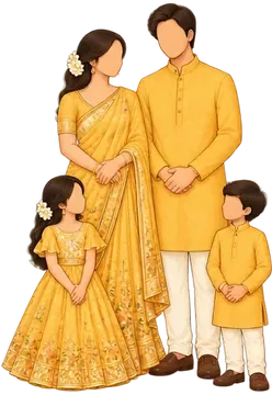 Family in yellow: yellow saree, yellow kurta, kids in yellow