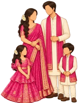 Family in rani pink: pink saree, ivory kurta with a pink stole, kids in pink