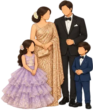 Family in evening wear: gold sequinned saree, black tuxedo, kids in tulle and a navy suit