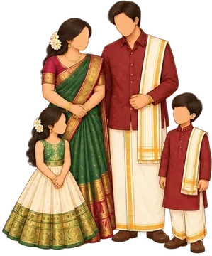 Family in silk: green silk saree, maroon silk shirt with white panche and angavastra, kids to match