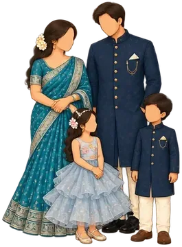 Family in a teal saree and navy bandhgala, kids in pale blue and navy