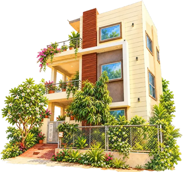Painting of the family home in Vijayapura, a three-storey house with balconies of flowers and a garden of jasmine
