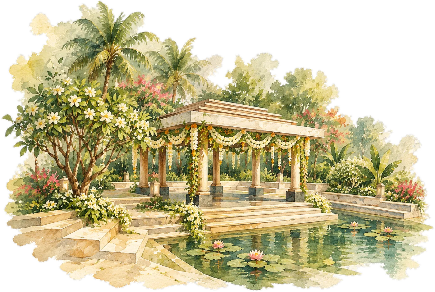 Watercolour of Prangana: a pillared mantapa draped in jasmine beside a lotus pond, under palms